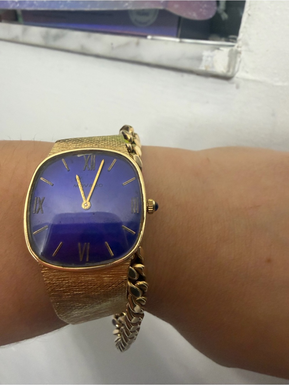 Rare Solid Gold Movado  Women's Bracelet Watch with Blue Dial - Vintage Style